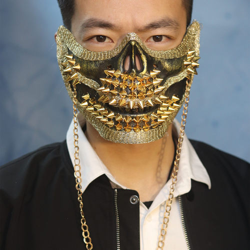 男士款女款夸张骷髅金色银色朋克铆钉夜店舞会表演面具万圣节面罩 - 图0