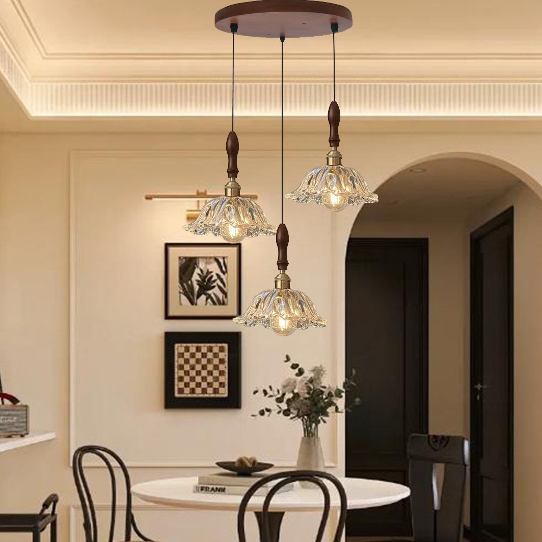 胡桃木色实木三头玻璃吊灯餐厅中古法式岛台灯创意个性led吧台长