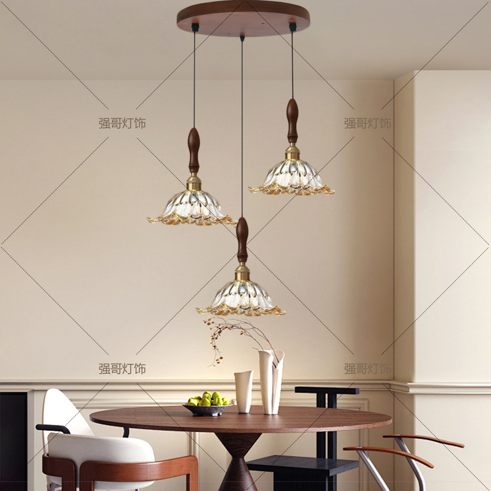 胡桃木色实木三头玻璃吊灯餐厅中古法式岛台灯创意个性led吧台长