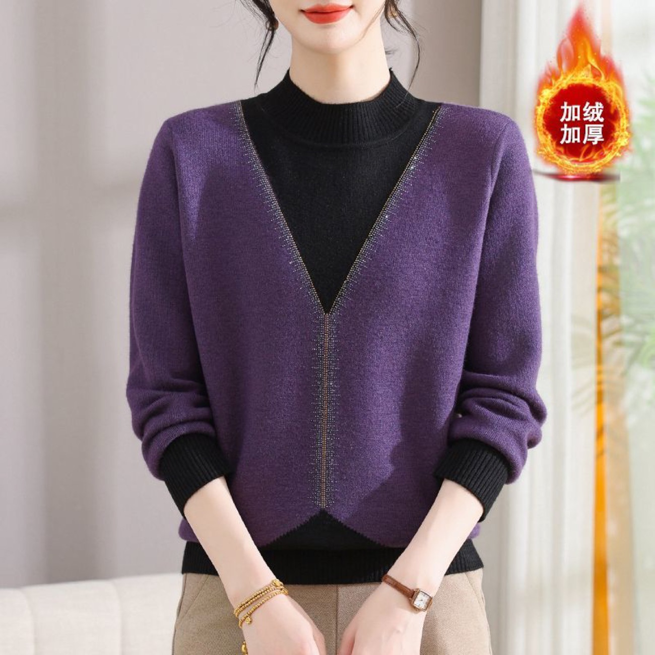 2025新款毛衣女加绒假两件针织衫时尚百搭冬季上衣羊毛衫洋气打底