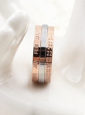 可转动银白色字母钛钢玫瑰金戒指