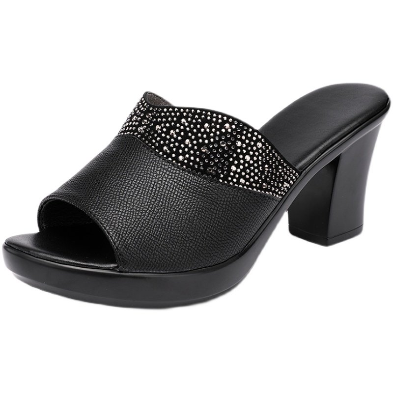 2025新款真皮中高拖鞋女韩版外穿防滑妈妈一字拖时尚粗跟水钻凉拖,淘宝优惠券,粉丝福利购,淘宝优惠卷