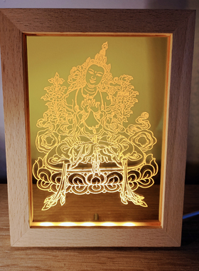 复刻古籍文殊菩萨图像摆件灯精雕实木USBLED展灯夜灯金光闪闪