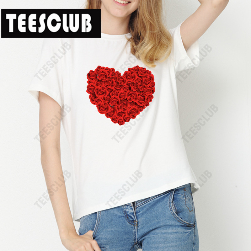 Red Heart Love Tshirt 个性欧美风红色爱心印花情侣短袖T恤休闲 - 图1