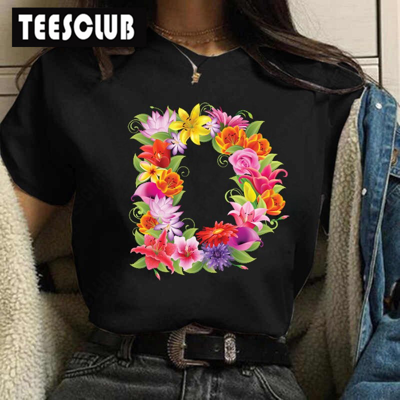 Floral Letter Black T-shirt 优雅花朵英文字母印花黑色短袖t恤 - 图2