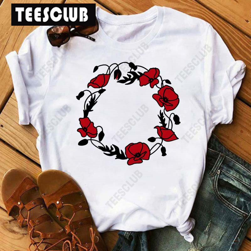 Red Poppy Floral T Shirt优雅红色花朵印花女士短袖圆领t恤上衣-图0