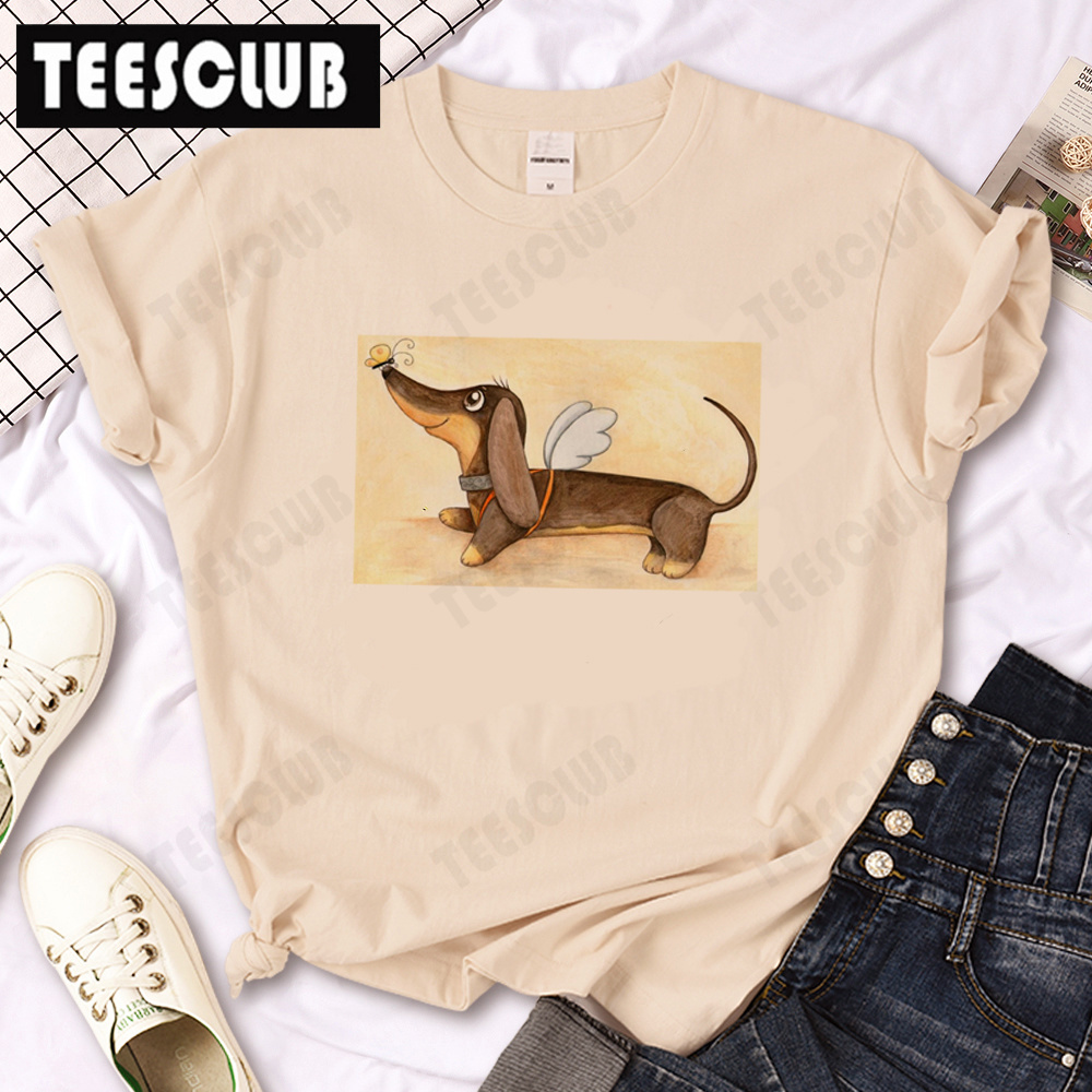 Dachshund T-Shirt 卡通腊肠犬狗狗印花男女圆领杏色T恤短袖上衣 - 图0