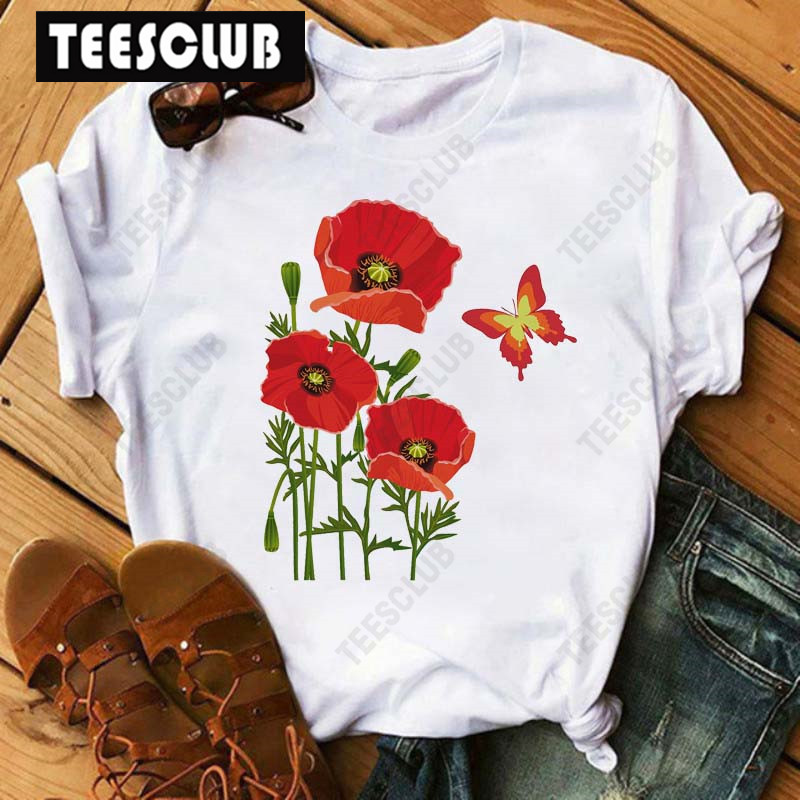 Red Poppy Floral T Shirt优雅红色花朵印花女士短袖圆领t恤上衣-图2