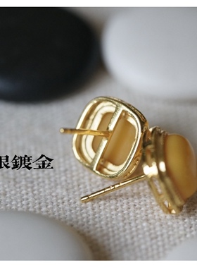 天然蜜蜡耳钉女S925纯银镀金镶嵌鸡油黄2025轻奢高级感耳钉气质