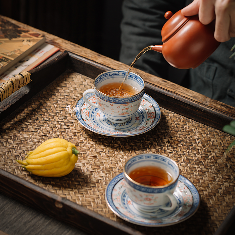 景德镇七十年代老厂货加彩青花玲珑功夫茶具咖啡杯陶瓷套装主人杯