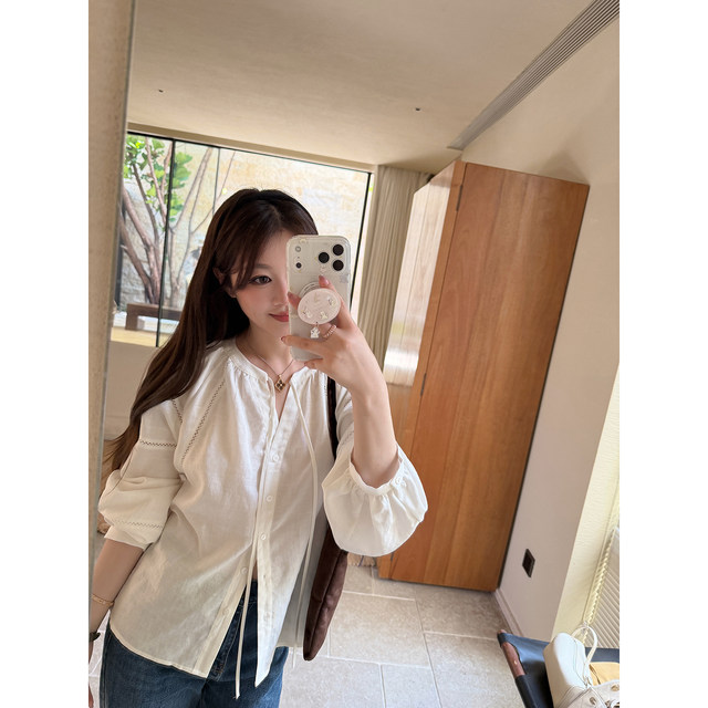 Tencel linen lace blouse ແບບເກົາຫຼີ