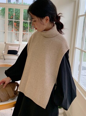 纯色高领飘带背心毛衣秋冬季韩版披肩马甲女厚款百搭款式洋气围脖