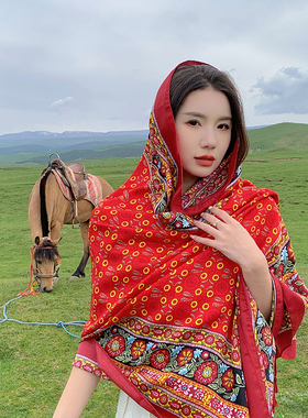 敦煌沙漠草原红色丝巾女夏季民族风围巾披肩复古纱巾薄款旅行百搭