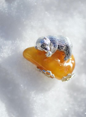 原创琥珀戒指开口纯银可爱