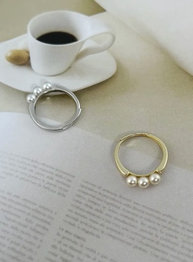 迷你平衡木 小清新ins风人造仿珍珠简约开口可调节戒指