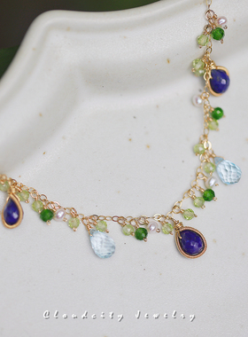 森林赞歌 原创设计精致清新女青金石托帕石柠檬晶14K注金手作手链