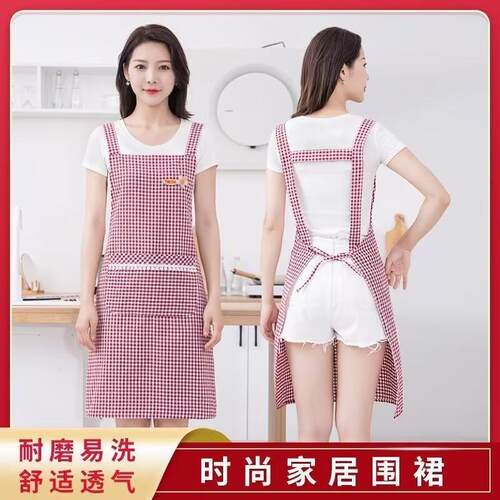 纯棉布家用耐磨围裙女士厨房专用做饭透气背带大人围腰可爱定制 - 图0
