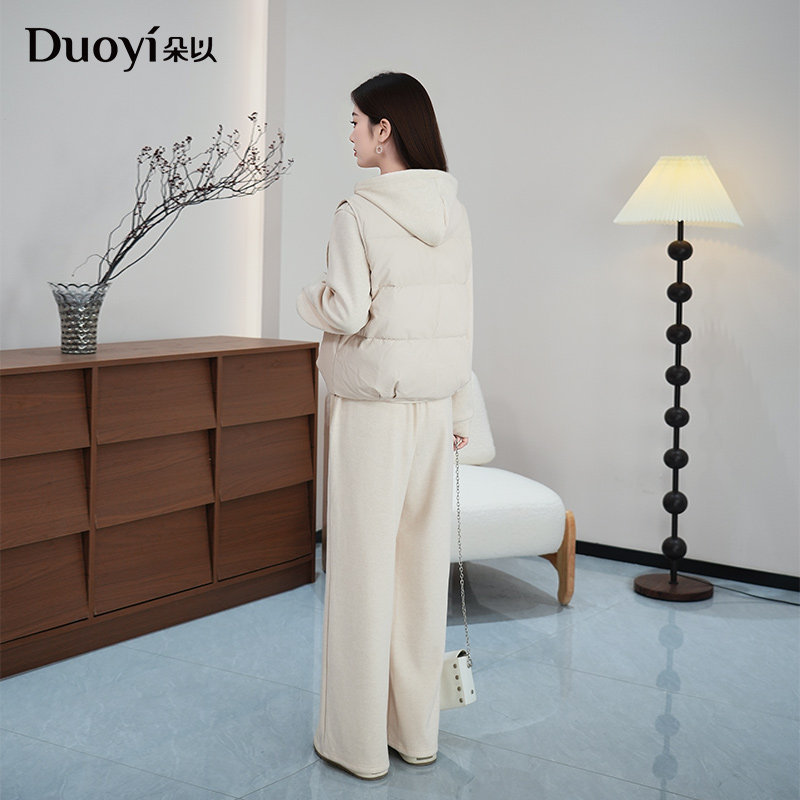 朵以2025冬季新款皮马甲棉衣无袖棉服加绒连帽卫衣阔腿裤三件套,淘宝优惠券,粉丝福利购,淘宝优惠卷
