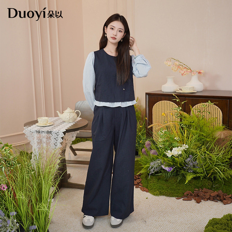 朵以2025秋季新款撞色拼接荷叶边泡泡袖假两件圆领上衣阔腿裤套装,淘宝优惠券,粉丝福利购,淘宝优惠卷