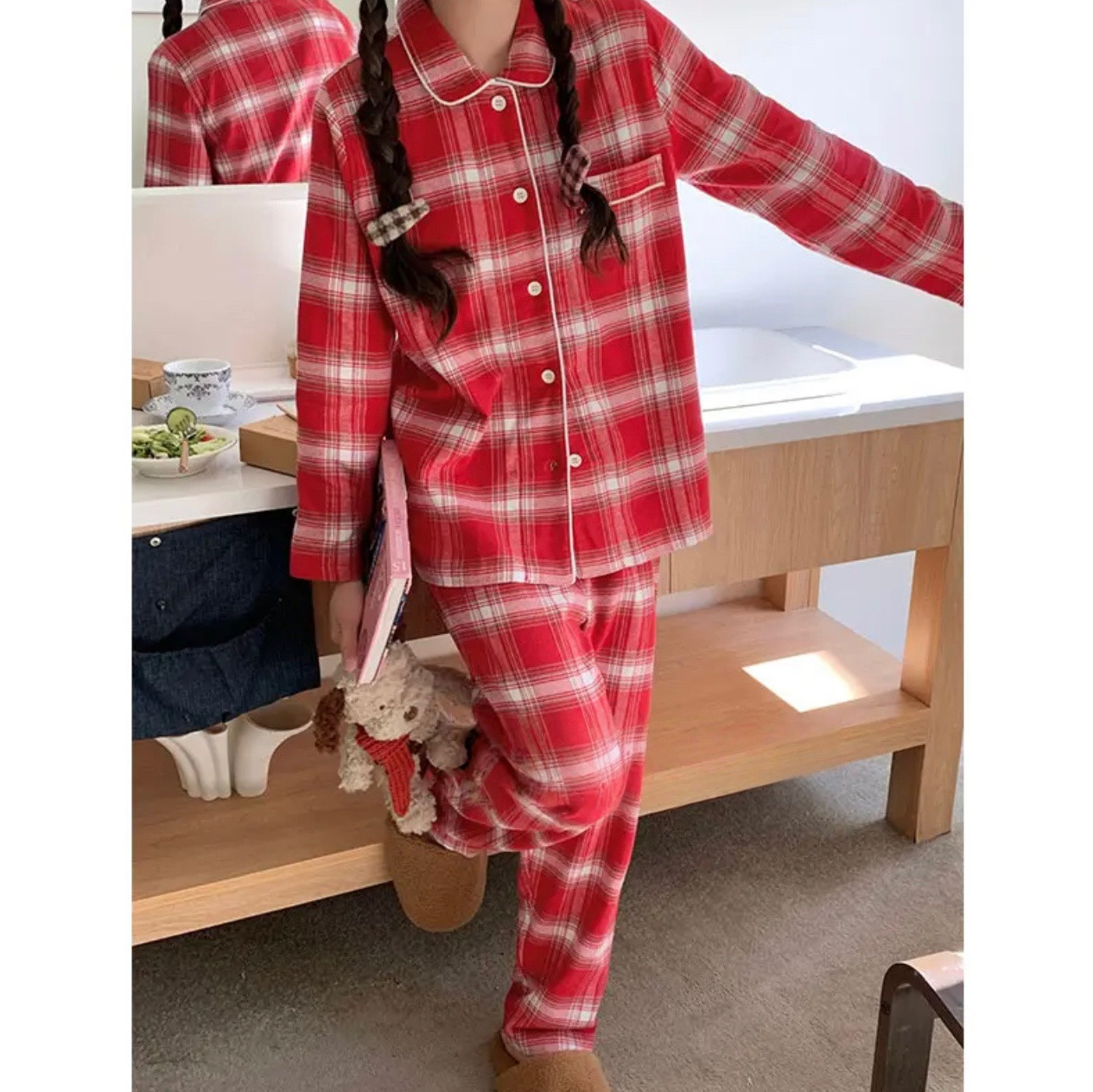 无印风日式秋冬款磨毛法兰绒纯棉情侣睡衣男女款纯色套装家居服