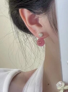 浪漫小清新粉色猫眼石耳钉女两戴