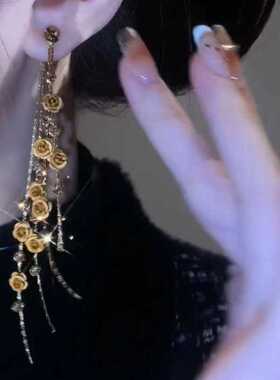 超仙咖色玫瑰花长款流苏耳环女