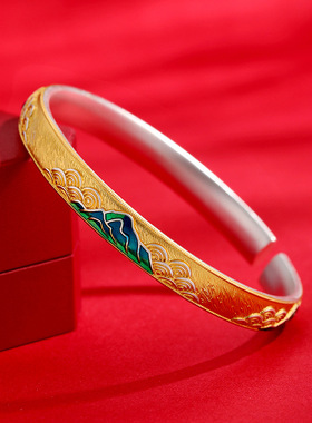 千里江山纯银手镯描金珐琅彩足银9999国风山海小众胖东来镯子礼物