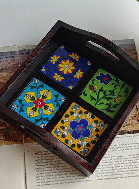 印度进口实木彩瓷多用托盘果盘手工复古点心零食盘桌面装饰收纳盘