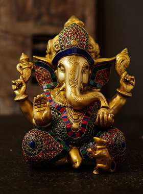 东南亚铜象鼻财神佛像摆件