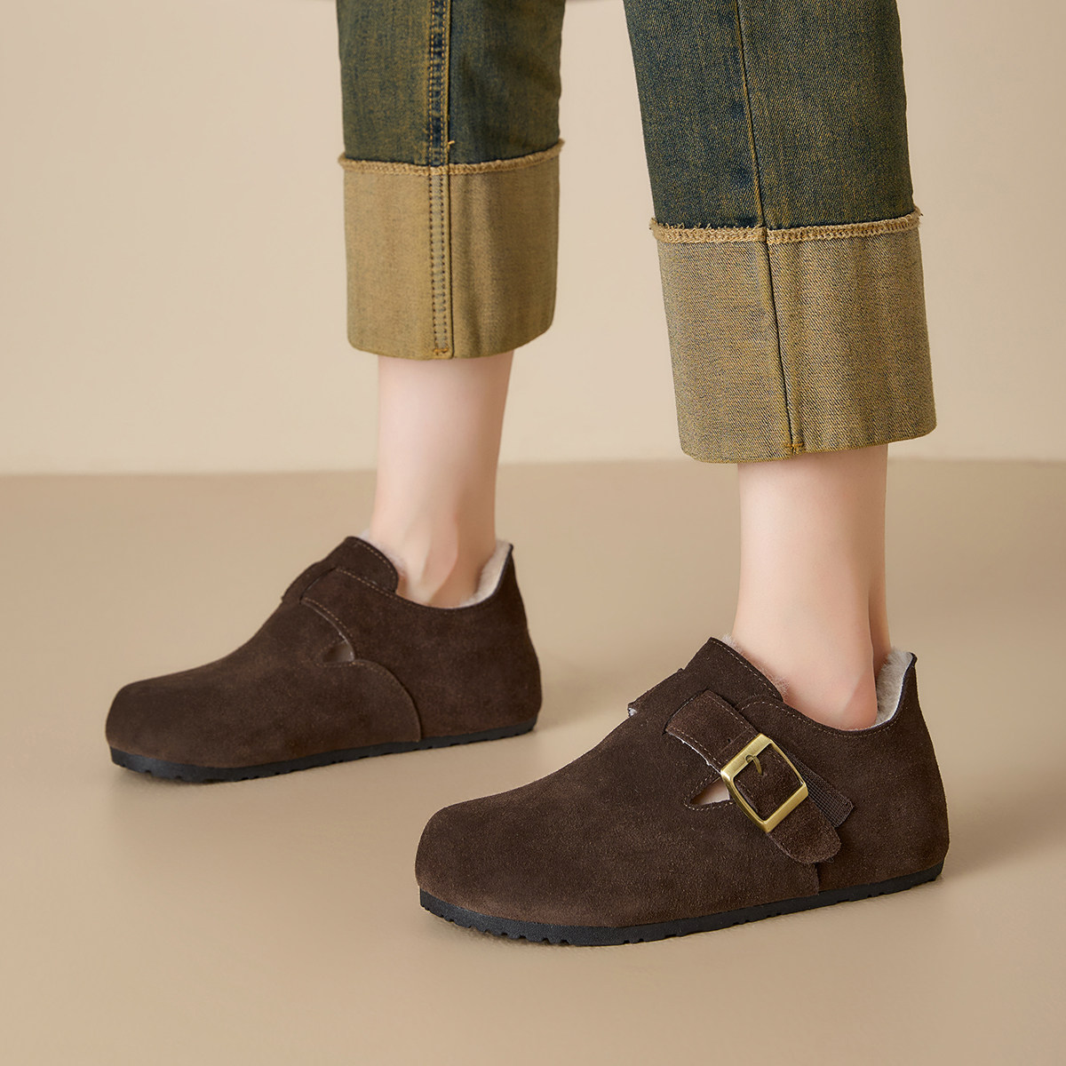 Dfuse迪芙斯平底百搭女鞋加绒全包勃肯鞋深口单鞋软底搭扣毛毛鞋,淘宝优惠券,粉丝福利购,淘宝优惠卷