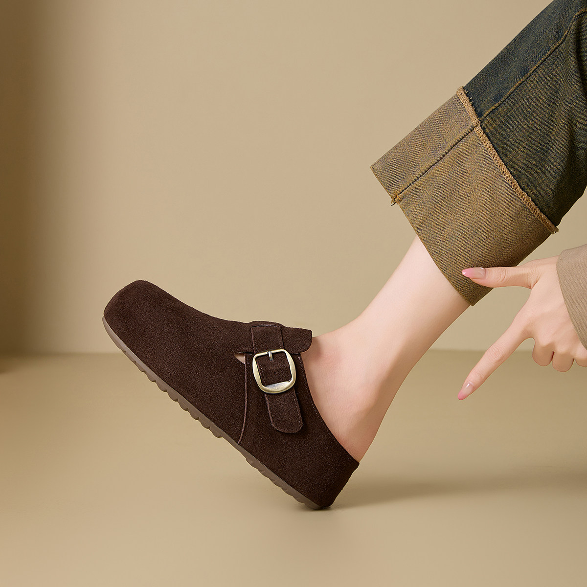 DFuse反绒皮勃肯鞋女深口单鞋方扣一脚蹬懒人鞋百搭休闲鞋,淘宝优惠券,粉丝福利购,淘宝优惠卷