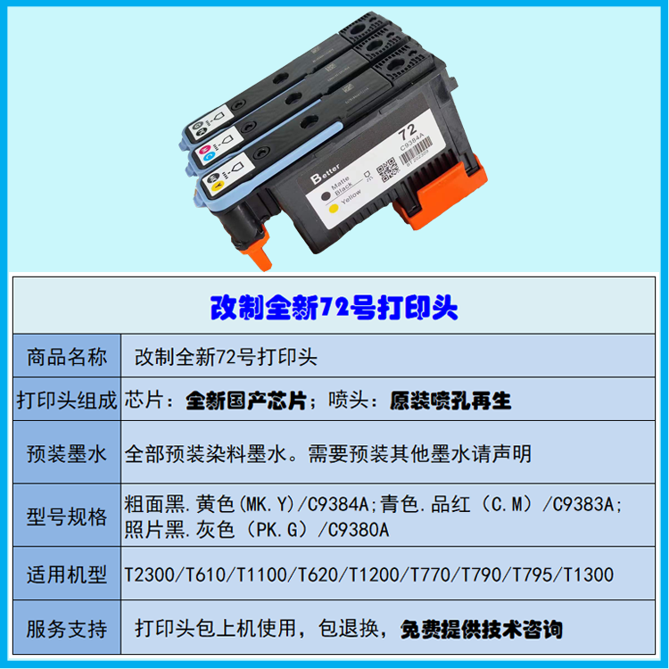 惠普T790 T795 T1300 T2300原装72号打印头代用改制新喷头墨头 - 图0