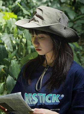 军绿色女露营防晒徒步大檐帽大