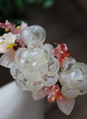仙女风水晶色琉璃月季花朵发梳女透明粉色花瓣发饰头饰配件