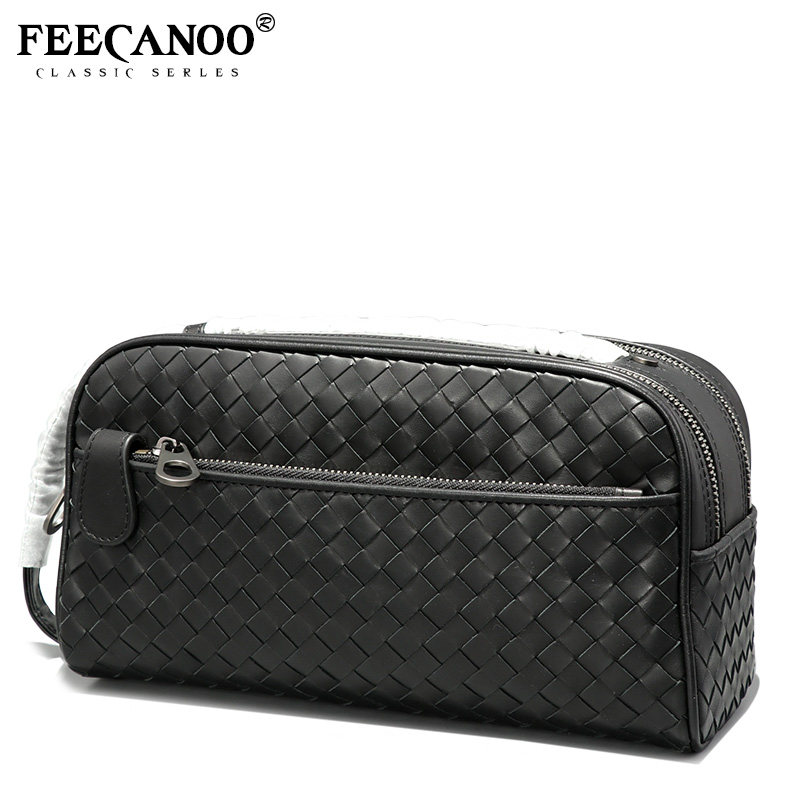 编织牛皮手拿包双拉链潮流男士包包 菲卡奴男士包袋