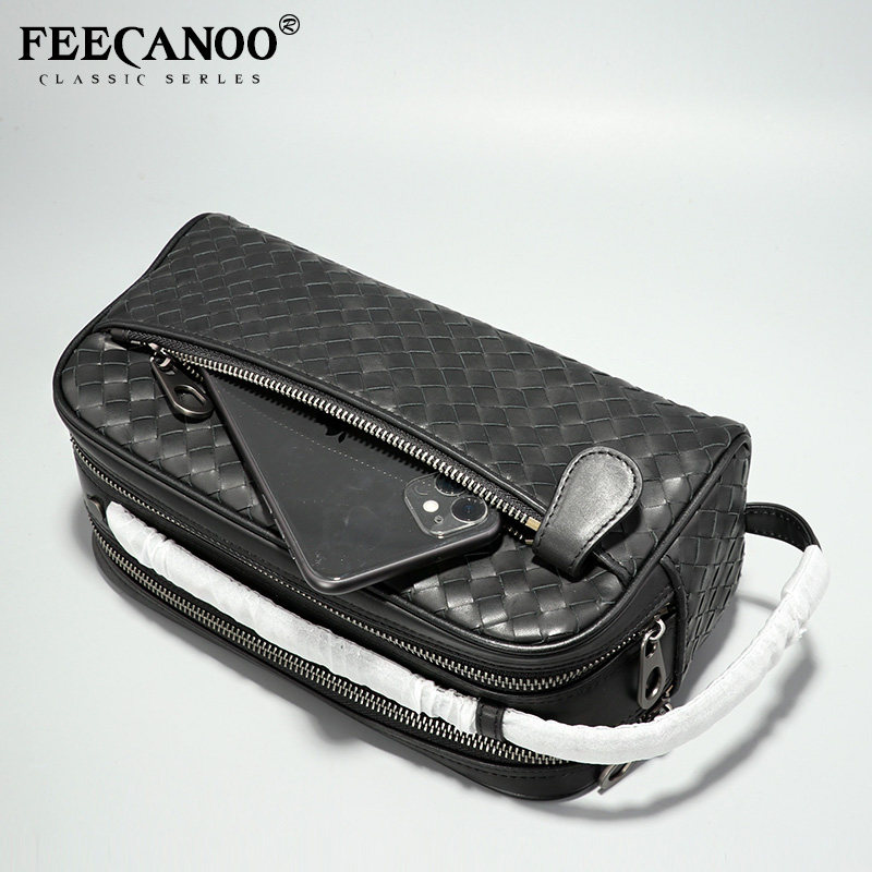 编织牛皮手拿包双拉链潮流男士包包 菲卡奴男士包袋