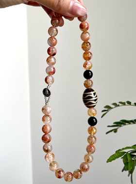 「吉运阁」藏式美学水纹天珠黄水晶幽灵异象水晶颈链925配件