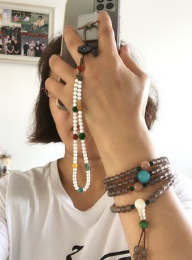 灰玛瑙佛珠6毫米108颗 橙色月光石 天河石 石榴石 多圈手链