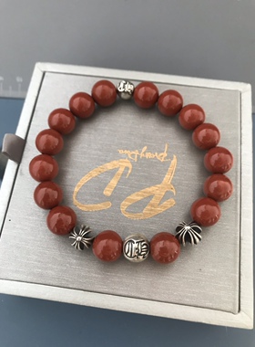 紫冰银 红竹石手链 男款