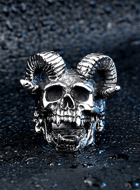 暗黑系恶魔骷髅头银色钛钢戒指环