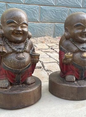 ​青石彩绘布袋和尚 开脸富贵喜庆手持元宝背金钱袋，厅堂装饰