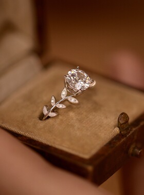 法国chrry koop银戒指女月桂枝莫桑钻一克拉闭活口电镀白金小众