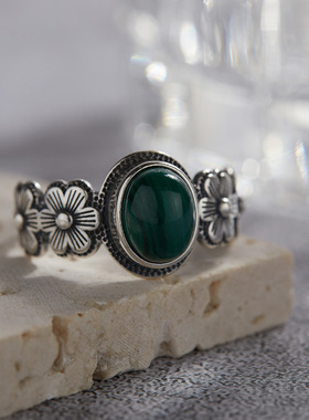 法国chrry koops925银镶孔雀石彩宝戒指女复古个性泰银开口戒欧美