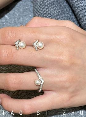 英国设计师TopWhit桃思竹V钻珍珠戒指女轻奢感百搭开口可调节戒指