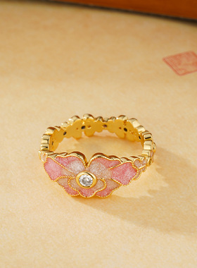 法国chrry koop新款桃色芍药珐琅戒指复古新中式国风气质指环