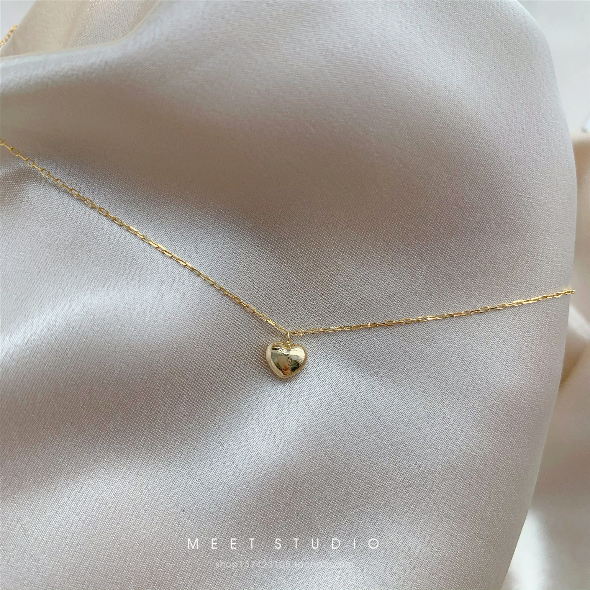 以手抵心 原创设计日本3d工艺纯18k黄金爱心项链锁骨链 日系简约