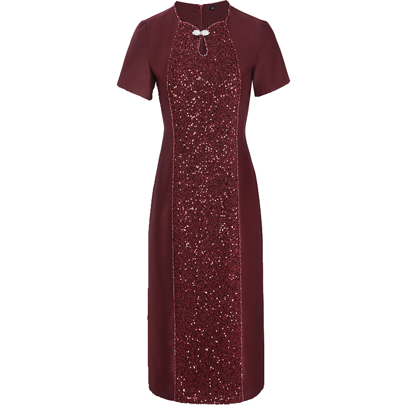 新中式喜婆婆婚宴装礼服2024夏季新款钉珠亮片设计旗袍短袖连衣裙