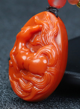 天然正品四川凉山南红玛瑙柿子红九尾狐吊坠原石雕刻男女款415号