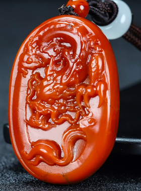 天然凉山保山南红玛瑙吊坠生肖龙 柿子红原石雕件男女儿童款40号