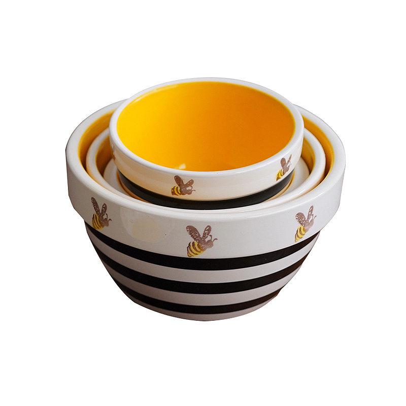 可爱手绘插画风格蜜蜂图案陶瓷大小碗勺托面碗点心碗米饭碗沙拉碗